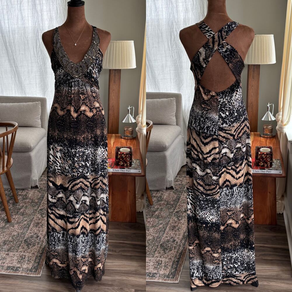 Venus Beaded Halter Maxi Dress Animal Snake Print 2010s Beach Boho Summer Small - Picture 4 of 16